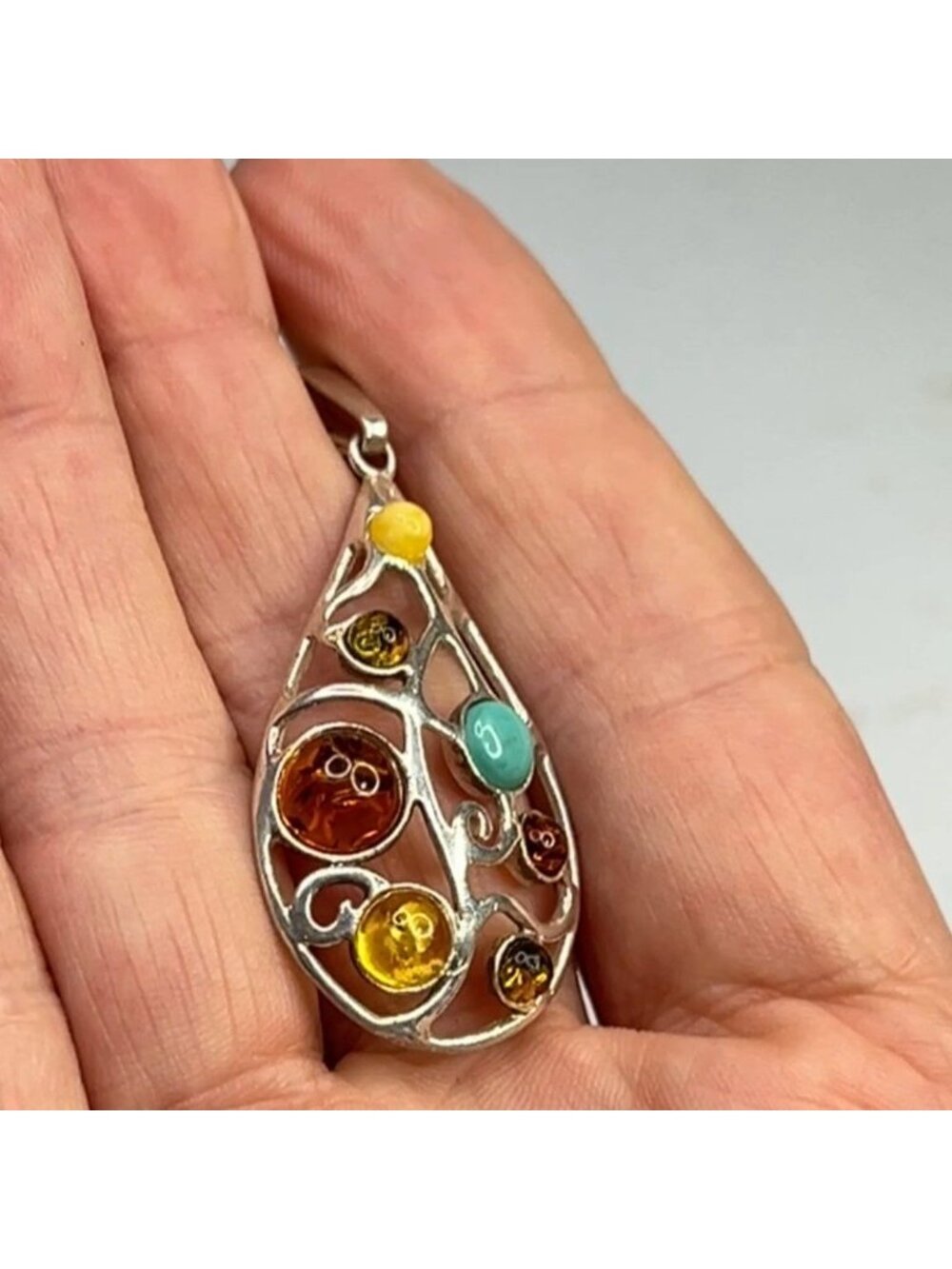Teardrop Sterling Silver Pendant W/ Multi-Color Amber Stones & Turquoise Accent - Picture 11 of 12
